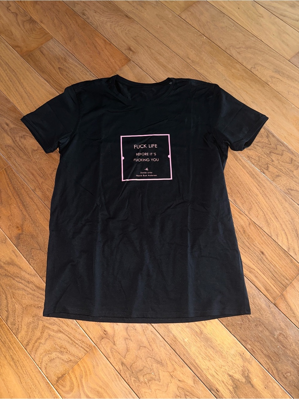 Black Graphic Tee with Pink Block Text
